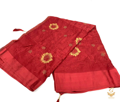 Dark Maroon colour crepe georgette based Resham embroidery work with fine stone work all over beautiful saree