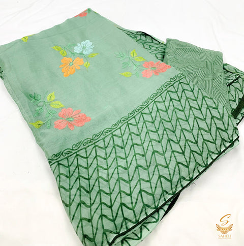 Pastel mint colour chiffon based resham based floral embroidery work beautiful soft saree