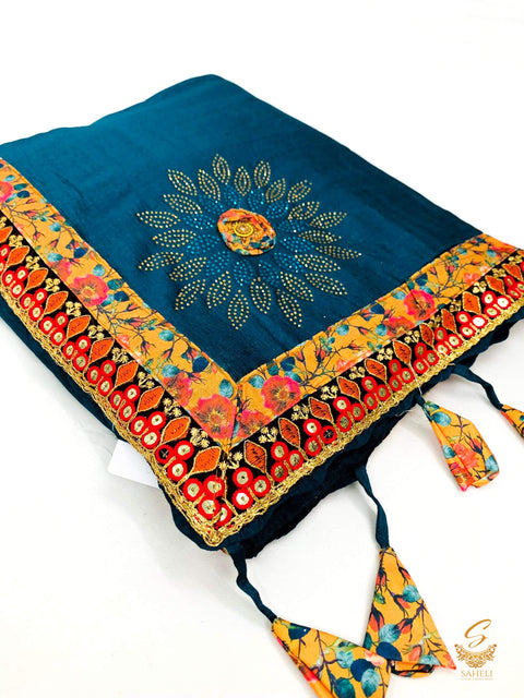 Peacock BLue colour crepe silk based beautiful border with fine stone work on soft saree