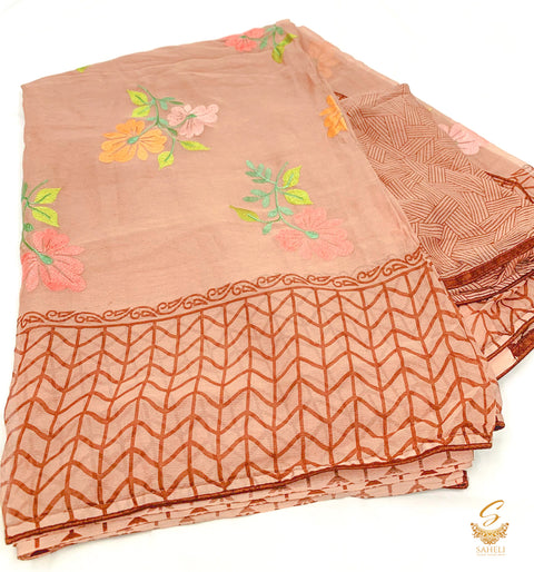 Dark Rosegold colour chiffon based resham based floral embroidery work beautiful soft saree