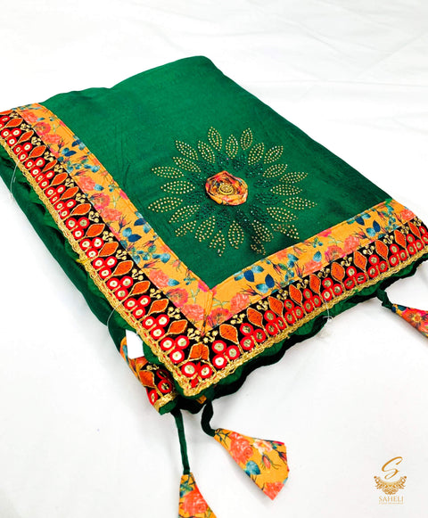 Deep Bottle Green colour crepe silk based beautiful border with fine stone work on soft saree