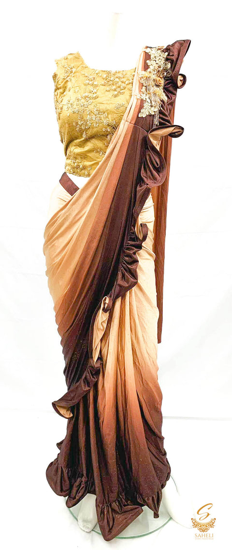 Size (40 (upto 42)Golden netting based sequined work beautiful blouse with readymade saree