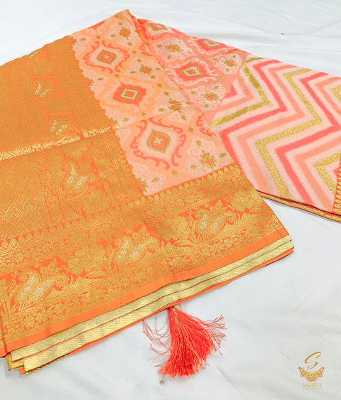 Two toned of Peach colour beautiful zari border Brocade silk saree