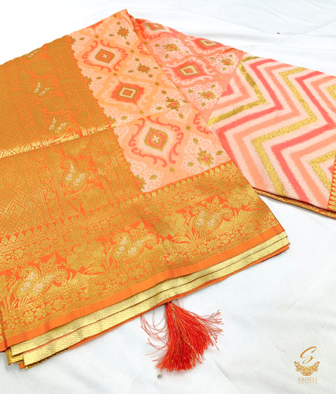 Two toned of peachy pink colour beautiful zari border Brocade silk saree