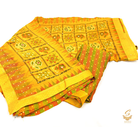 Mustard colour jaipuri print crepe georgette based beautiful soft saree