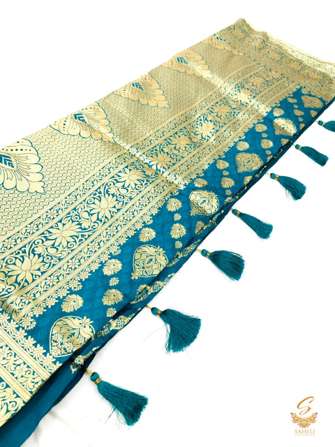 Bright  teal colour Banarsi Brocade Silk saree