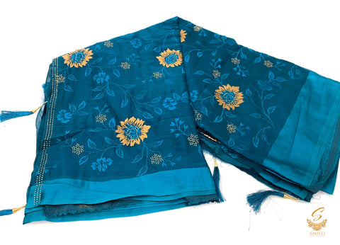 Peacock Blue colour crepe georgette based Resham embroidery work with fine stone work all over beautiful saree