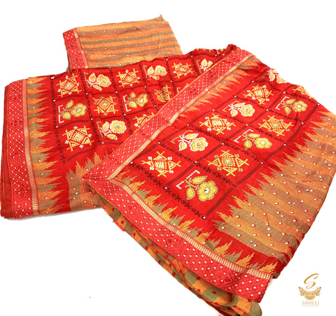 Bright Red colour jaipuri print crepe georgette based beautiful soft saree
