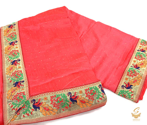 Deep Flamingo Pink  colour crepe silk based beautiful border with fine stone work on soft saree