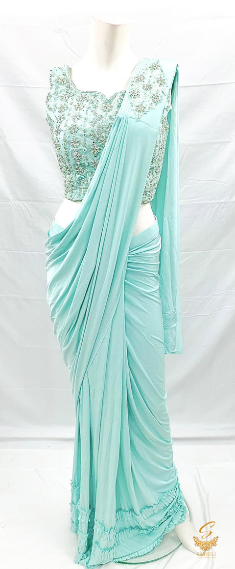 Size (40 (upto 42) Baby Blue colour netting based handwork with fine stones & mirror work beautiful designer blouse with readymade saree