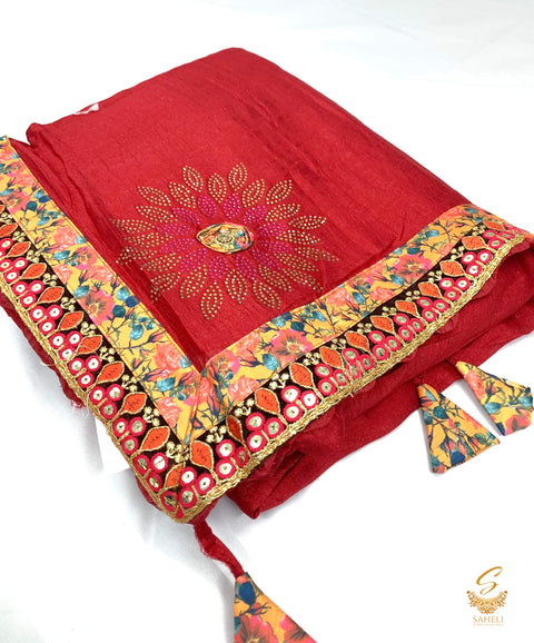 MAroon colour crepe silk based beautiful border with fine stone work on soft saree