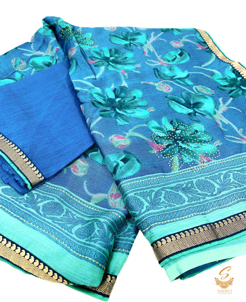 Two toned Peacock Blue colour pure georgette based floral print Saree