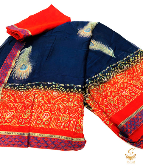 Nevi Blue colour pure patola georgette based peacock feather print Saree