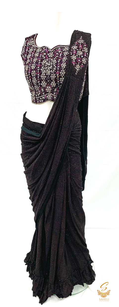 Size (40 (upto 42) Dark wine colour netting based handwork with fine stones & mirror work beautiful designer blouse with self rose print readymade saree