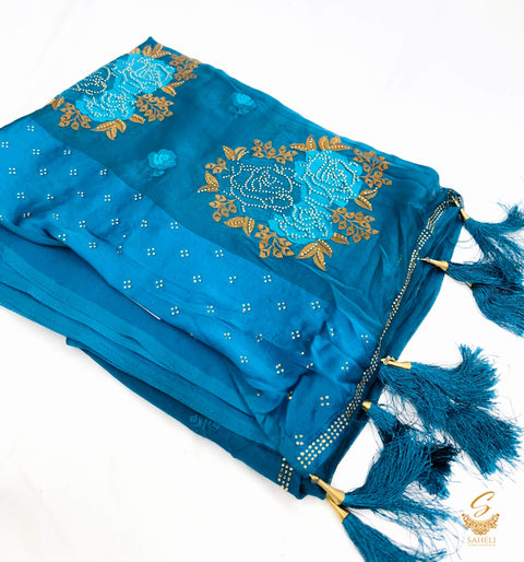 Deep peacock blue colour very soft crepe georgette beautiful resham work embroidered saree with fine stone work