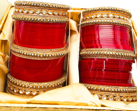 Kundan & Pearl stone Beautiful Cherry Red Bridal Churra
