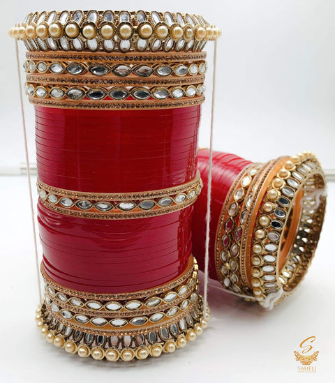 Kundan work cherry Red colour designer Bridal Churra