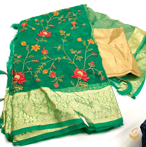 Green colour very soft organza based beautiful resham work embroidered saree
