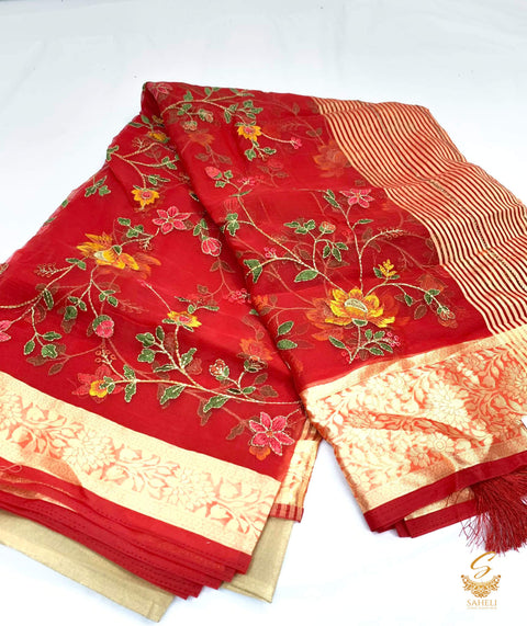 Deep Cherry Red colour very soft organza based beautiful resham work embroidered saree