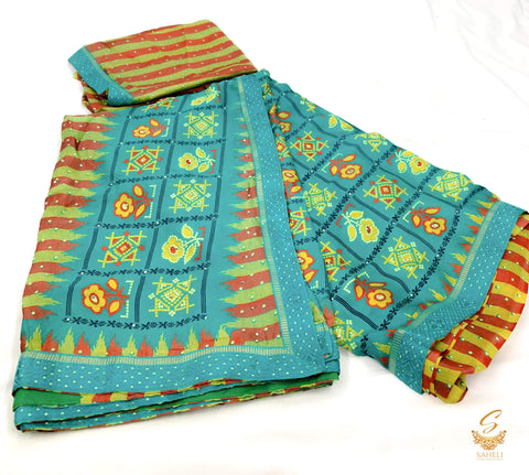 Lite Teal  colour jaipuri print crepe georgette based beautiful soft saree