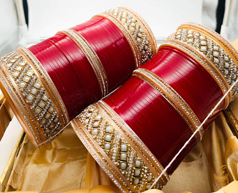 Pearl beaded with jerkan stone Cherry Red colour designer Bridal Churra