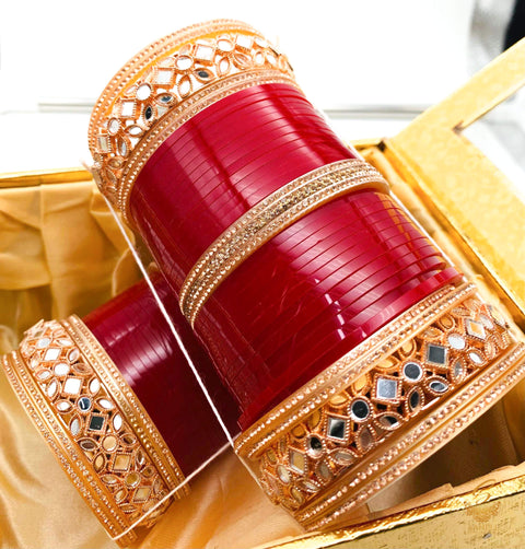 Mirror work cherry Red colour designer Bridal Churra