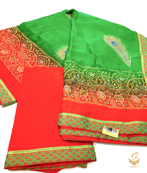 Green colour pure patola georgette based peacock feather print Saree