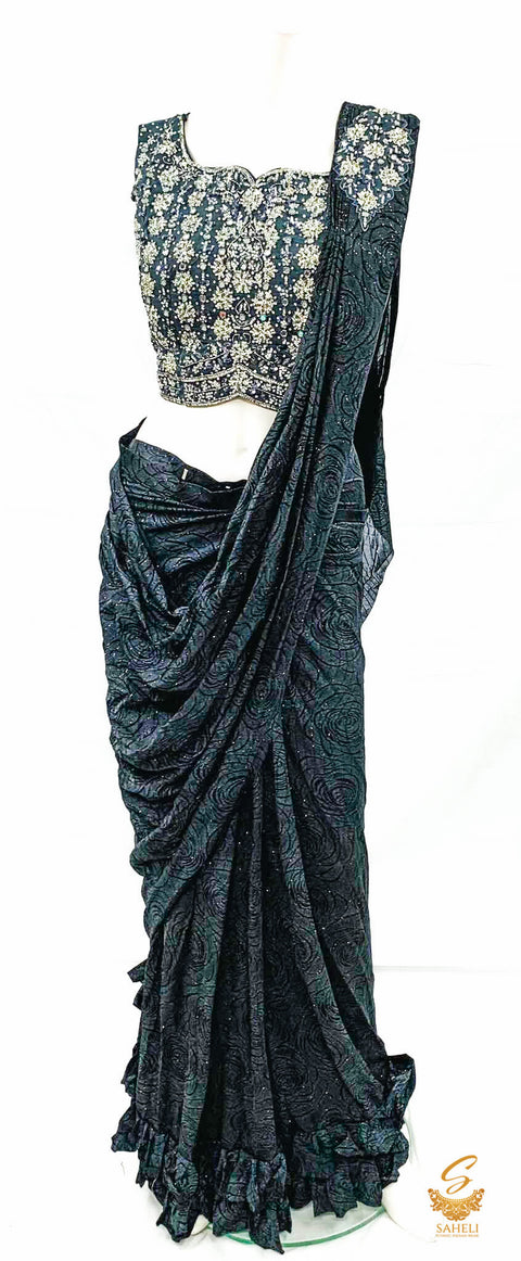 Size (40 (upto 42) Dark grey colour netting based handwork with fine stones & mirror work beautiful designer blouse with self rose print readymade saree