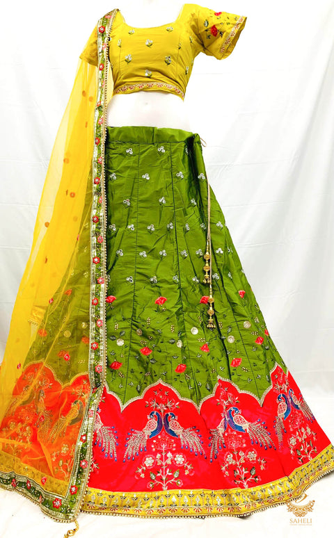 Size 40 (upto 44) Dark Olive green colour silk based peacock emboirdery designer Lehnga with stitched contrast blouse & heavy work border netting dupatta