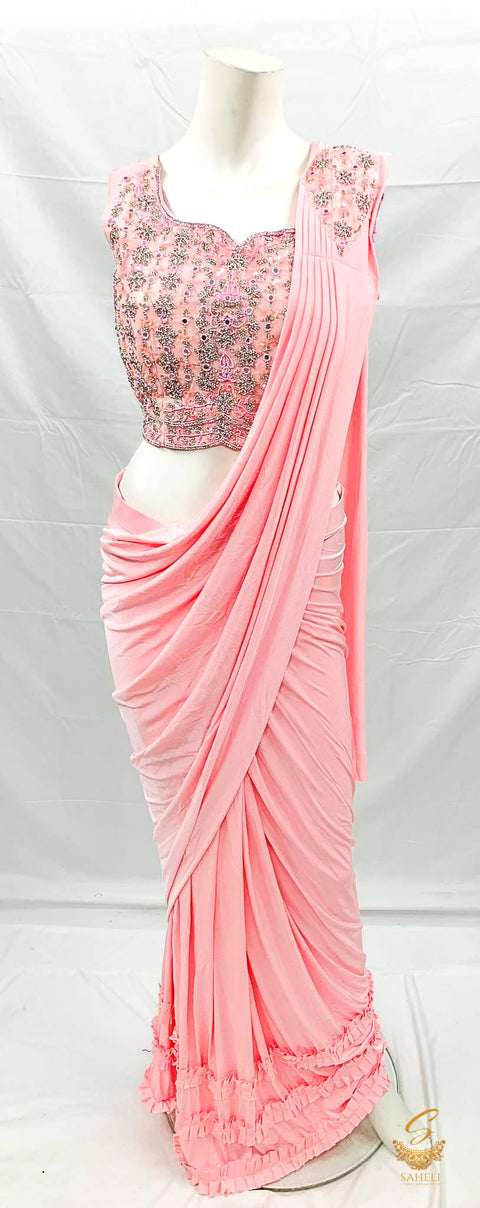 Size (40 (upto 42) Baby Pink colour netting based handwork with fine stones & mirror work beautiful designer blouse with readymade saree