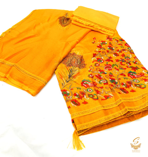 Gold Yellow colour georgette silk based peacock feather and floral print beautiful soft saree with fine stone work all over