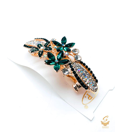 Green & Silver colour Crystals with jerkan stone beautiful hair clip