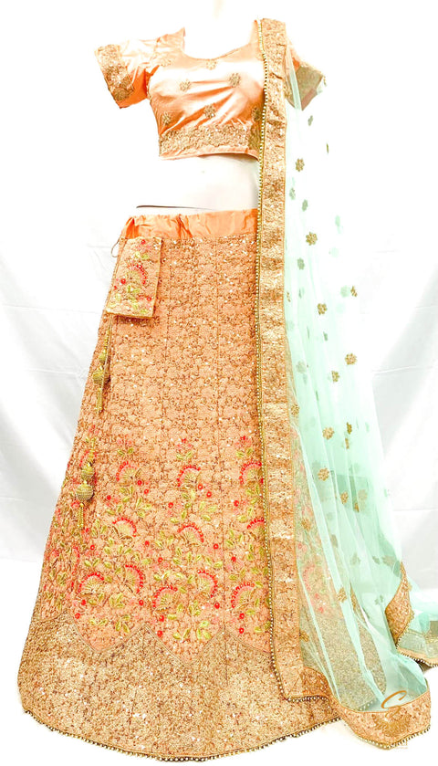 Size 42(upto 46) Pastel Peach colour heavy embroidery work with sequined work heavy ken ken lehnga with stitched blouse & Pastel mint netting dupatta with heavy lace border