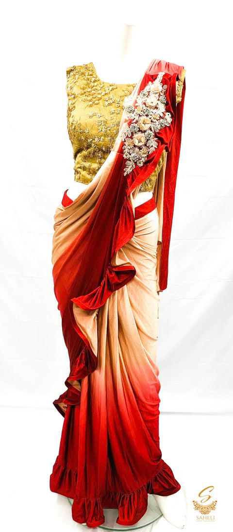 Size (40 (upto 42)Golden netting based sequined work beautiful blouse with readymade saree