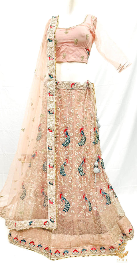 (SIZE 42 (Upto 46)) Pastel Rosegold colour netting Based Beautiful multicoloured Embroidery Work With sequined Stones work Very Heavy Ken Ken Heavy Designer Lehnga With Heavy Tessels Attached To Blouse & Lehnga With Heavy Work Contrast Dupatta