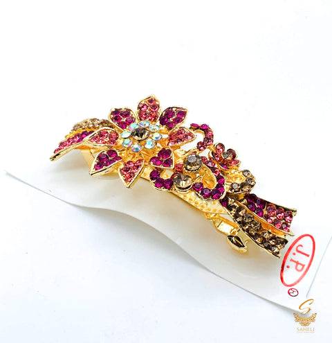 Pink & Golden colour Crystals with jerkan stone beautiful hair clip
