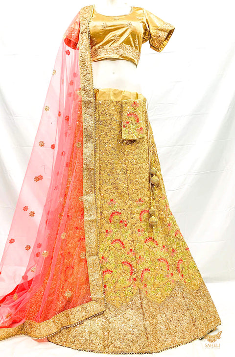 Size 42(upto 46)Tan Beige Golden colour heavy embroidery work with sequined work heavy ken ken lehnga with stitched blouse & Peachy Pink netting dupatta with heavy lace border