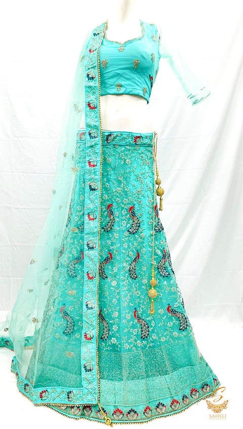 (SIZE 42 (Upto 46))Seafoam colour netting Based Beautiful multicoloured Embroidery Work With sequined Stones work Very Heavy Ken Ken Heavy Designer Lehnga With Heavy Tessels Attached To Blouse & Lehnga With Heavy Work Contrast Dupatta