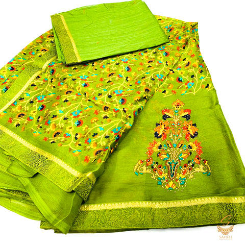 Dark Olive green colour georgette silk based floral print beautiful soft saree with fine stone work all over