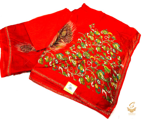 Dark Red colour georgette silk based floral print beautiful soft saree with fine stone work all over