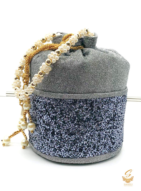Dark Grey colour sippy beaded shimmery work with pearl work handle beautiful Potli Bag