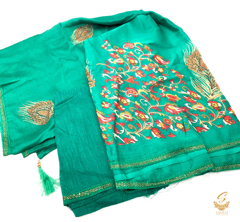 Teal green colour georgette silk based peacock feather and floral print beautiful soft saree with fine stone work all over