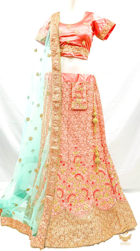 Size 42(upto 46)Pastel Bubblegum Pink colour heavy embroidery work with sequined work heavy ken ken lehnga with stitched blouse & seafoam green netting dupatta with heavy lace border