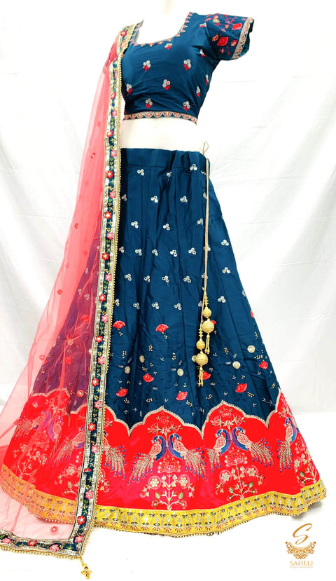 Size 44(upto 48) Dark Peacock Blue colour silk based peacock emboirdery designer Lehnga with stitched contrast blouse & heavy work border netting dupatta