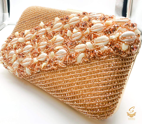 Rosegold colour beautiful handwork with pearl beaded with Sea Shells and Crystal stone designer clutch