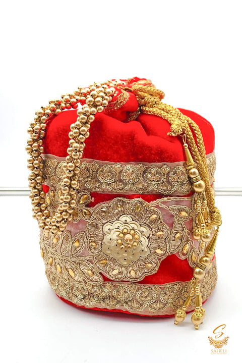 Red Colour Velvet Based sequined & Stone Work With Pearl Work Handle Beautiful Potli Bag