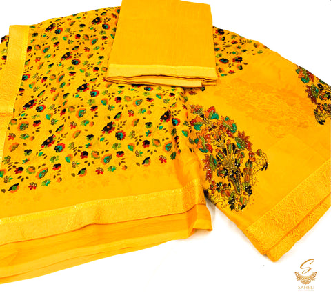 Gold Yellow colour georgette silk based floral print beautiful soft saree with fine stone work all over