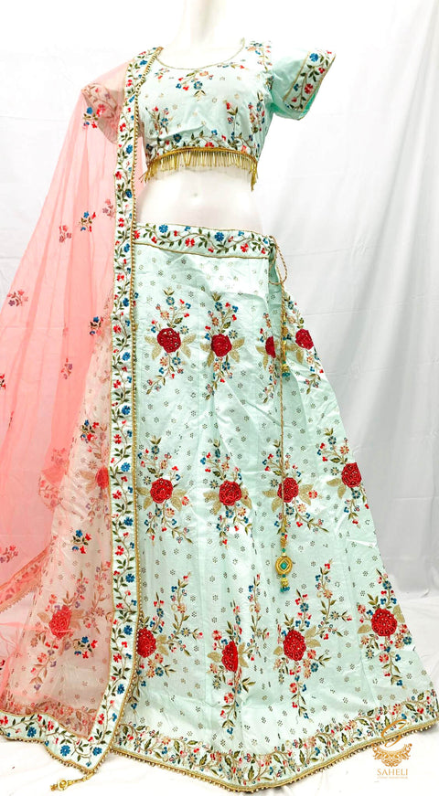 Size 44(upto 48) Pastel Blue colour  silk based heavy embroidery & Stone work heavy flared designer Lehnga & stitched blouse with beautiful lace design & heavy work border pastel pink colour netting dupatta