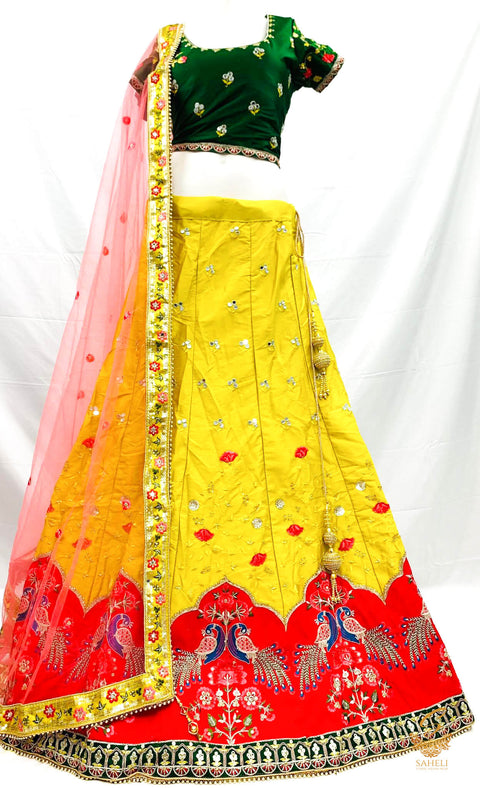 Size 44(upto 48) Dark Bumblebee Yellow colour silk based peacock emboirdery designer Lehnga with stitched contrast blouse & heavy work border netting dupatta