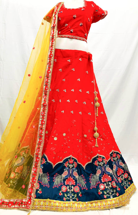 Size 44(upto 48) Dark Red colour silk based peacock embroidery designer Lehnga with stitched contrast blouse & heavy work border netting dupatta